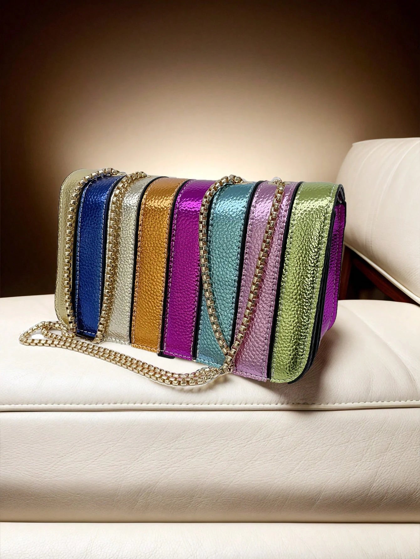 Metallic Litchi Patterned Simple Rainbow Splicing Small Square Bag, Fashionable Personalized Versatile Chain Shoulder & Crossbody Bag For Women, Funky, Punk & Bag For Street Wear, Rainbow Bag