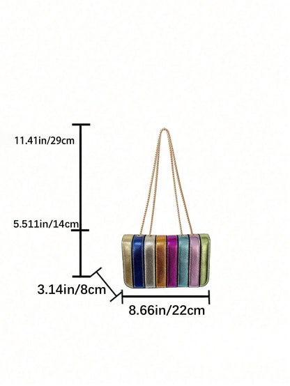 Metallic Litchi Patterned Simple Rainbow Splicing Small Square Bag, Fashionable Personalized Versatile Chain Shoulder & Crossbody Bag For Women, Funky, Punk & Bag For Street Wear, Rainbow Bag