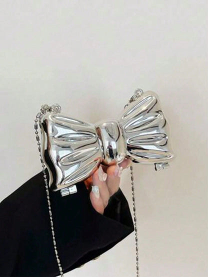 Mini Bowknot Mini Evening Bag, Small Personalized Fashion Chain Lipstick Bag For Women, Suitable For Valentine's Day, Party, Date, Decorative Shoulder Crossbody Bag, Coin Purse, Silver, Gold Earphone
