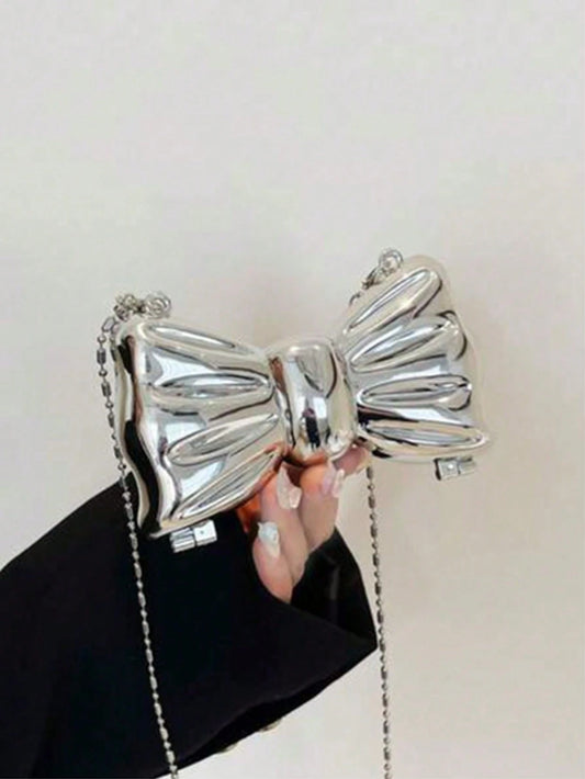 Mini Bowknot Mini Evening Bag, Small Personalized Fashion Chain Lipstick Bag For Women, Suitable For Valentine's Day, Party, Date, Decorative Shoulder Crossbody Bag, Coin Purse, Silver, Gold Earphone
