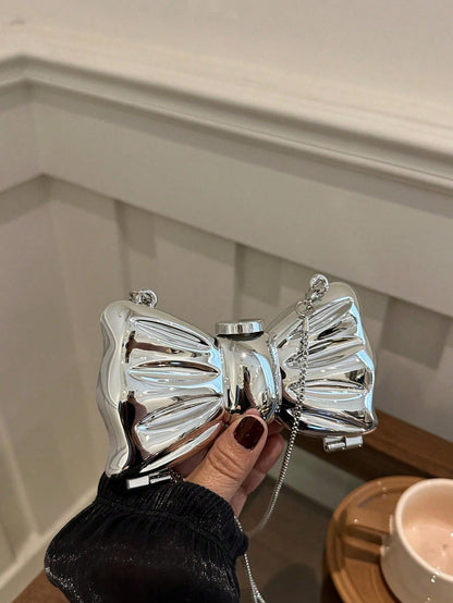 Mini Bowknot Mini Evening Bag, Small Personalized Fashion Chain Lipstick Bag For Women, Suitable For Valentine's Day, Party, Date, Decorative Shoulder Crossbody Bag, Coin Purse, Silver, Gold Earphone