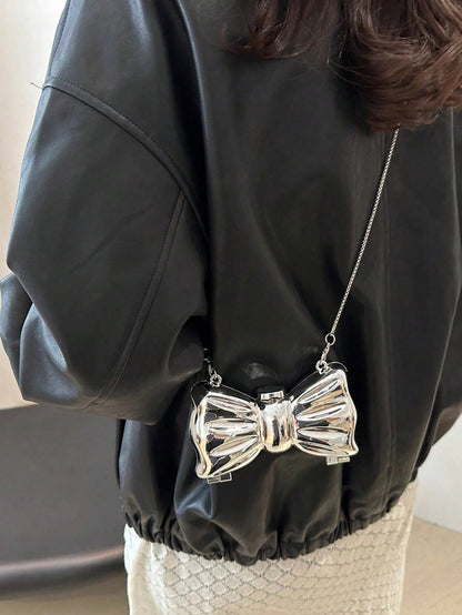 Mini Bowknot Mini Evening Bag, Small Personalized Fashion Chain Lipstick Bag For Women, Suitable For Valentine's Day, Party, Date, Decorative Shoulder Crossbody Bag, Coin Purse, Silver, Gold Earphone
