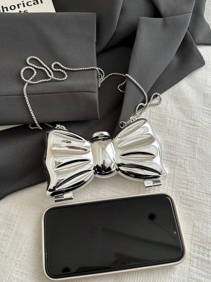 Mini Bowknot Mini Evening Bag, Small Personalized Fashion Chain Lipstick Bag For Women, Suitable For Valentine's Day, Party, Date, Decorative Shoulder Crossbody Bag, Coin Purse, Silver, Gold Earphone