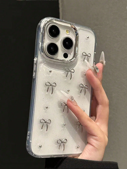 Minimalist Alloy TPU Bowknot Element Silver Metal 3D Bowknot Beads Glittery Textured Bow Metal Bead Metal Frame Design Phone Case, Compatible With IPhone 17/17Air/17Pro/17ProMax/16/15/14/13/12/11/X/XS