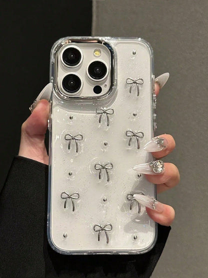 Minimalist Alloy TPU Bowknot Element Silver Metal 3D Bowknot Beads Glittery Textured Bow Metal Bead Metal Frame Design Phone Case, Compatible With IPhone 17/17Air/17Pro/17ProMax/16/15/14/13/12/11/X/XS