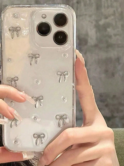 Minimalist Alloy TPU Bowknot Element Silver Metal 3D Bowknot Beads Glittery Textured Bow Metal Bead Metal Frame Design Phone Case, Compatible With IPhone 17/17Air/17Pro/17ProMax/16/15/14/13/12/11/X/XS