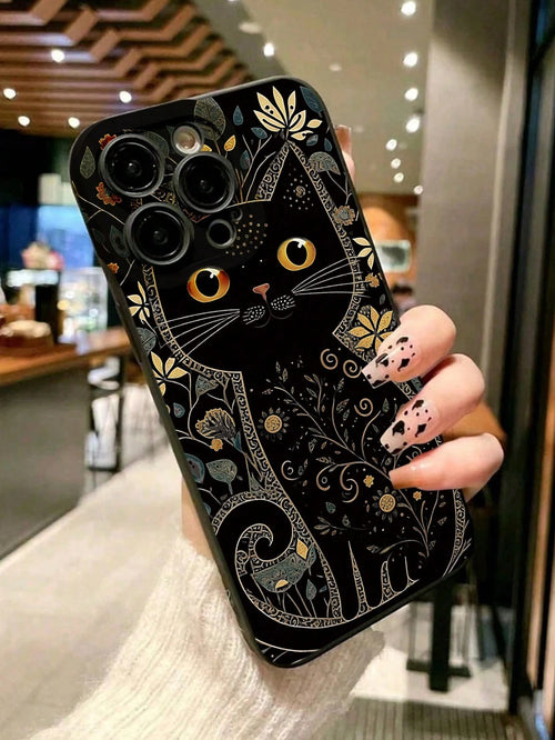 Minimalist Black TPU Cat Elements Fashion Phone Case 1pc Artistic Gold And Grey Floral Minimalist Cat Eye Skin-Friendly Anti-Drop TPU Phone Case Compatible With IPhone 17 Pro Max, 11, 16 Pro Max, 16 P