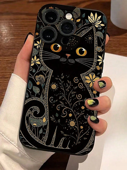 Minimalist Black TPU Cat Elements Fashion Phone Case 1pc Artistic Gold And Grey Floral Minimalist Cat Eye Skin-Friendly Anti-Drop TPU Phone Case Compatible With IPhone 17 Pro Max, 11, 16 Pro Max, 16 P