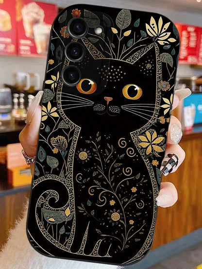 Minimalist Black TPU Cat Elements Fashion Phone Case 1pc Artistic Gold And Grey Floral Minimalist Cat Eye Skin-Friendly Anti-Drop TPU Phone Case Compatible With IPhone 17 Pro Max, 11, 16 Pro Max, 16 P