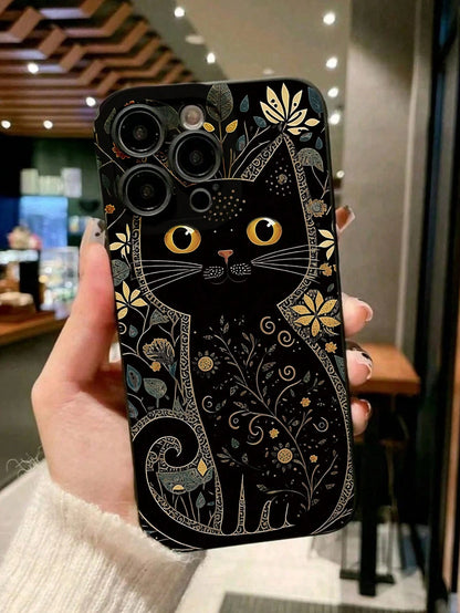 Minimalist Black TPU Cat Elements Fashion Phone Case 1pc Artistic Gold And Grey Floral Minimalist Cat Eye Skin-Friendly Anti-Drop TPU Phone Case Compatible With IPhone 17 Pro Max, 11, 16 Pro Max, 16 P