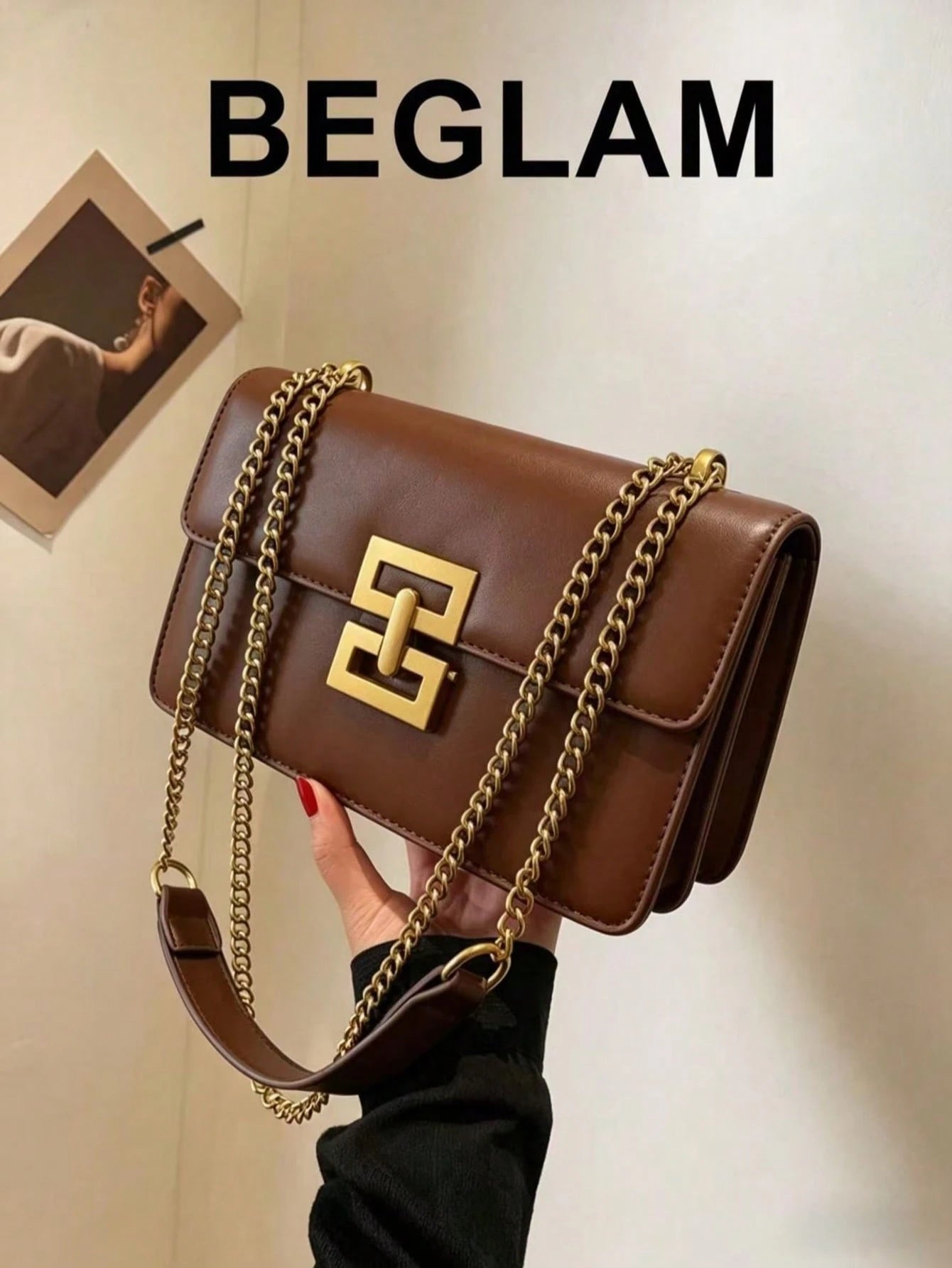 Minimalist Metal Decor Chain Shoulder Bag, Elegant PU Crossbody Bag, Flap Shoulder Bag, Women's Fashion Handbag & Phone Pouch