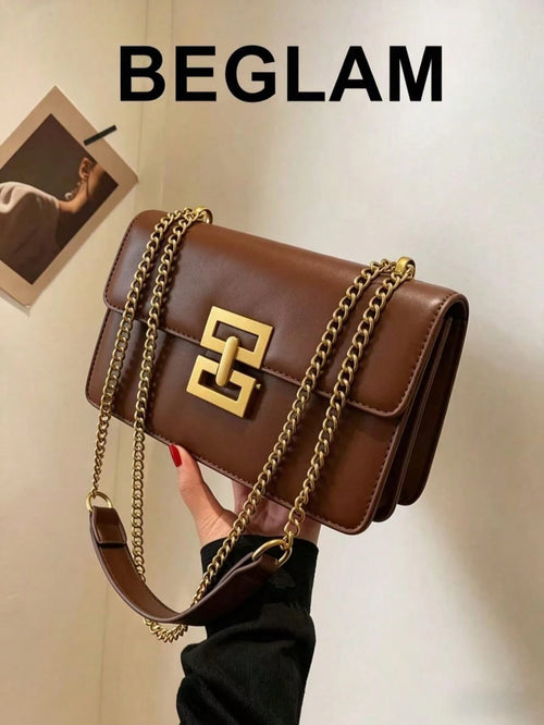 Minimalist Metal Decor Chain Shoulder Bag, Elegant PU Crossbody Bag, Flap Shoulder Bag, Women's Fashion Handbag & Phone Pouch