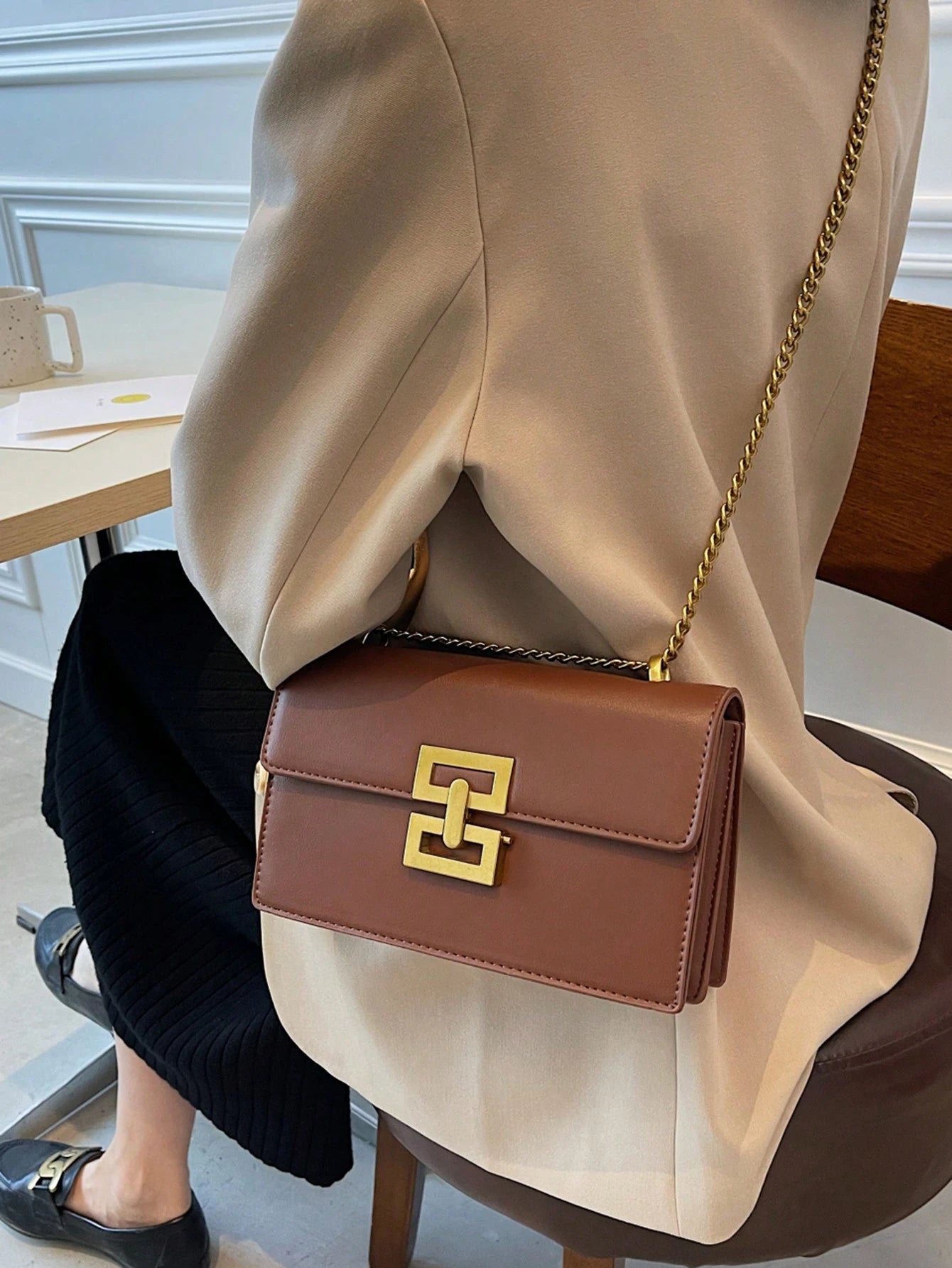 Minimalist Metal Decor Chain Shoulder Bag, Elegant PU Crossbody Bag, Flap Shoulder Bag, Women's Fashion Handbag & Phone Pouch