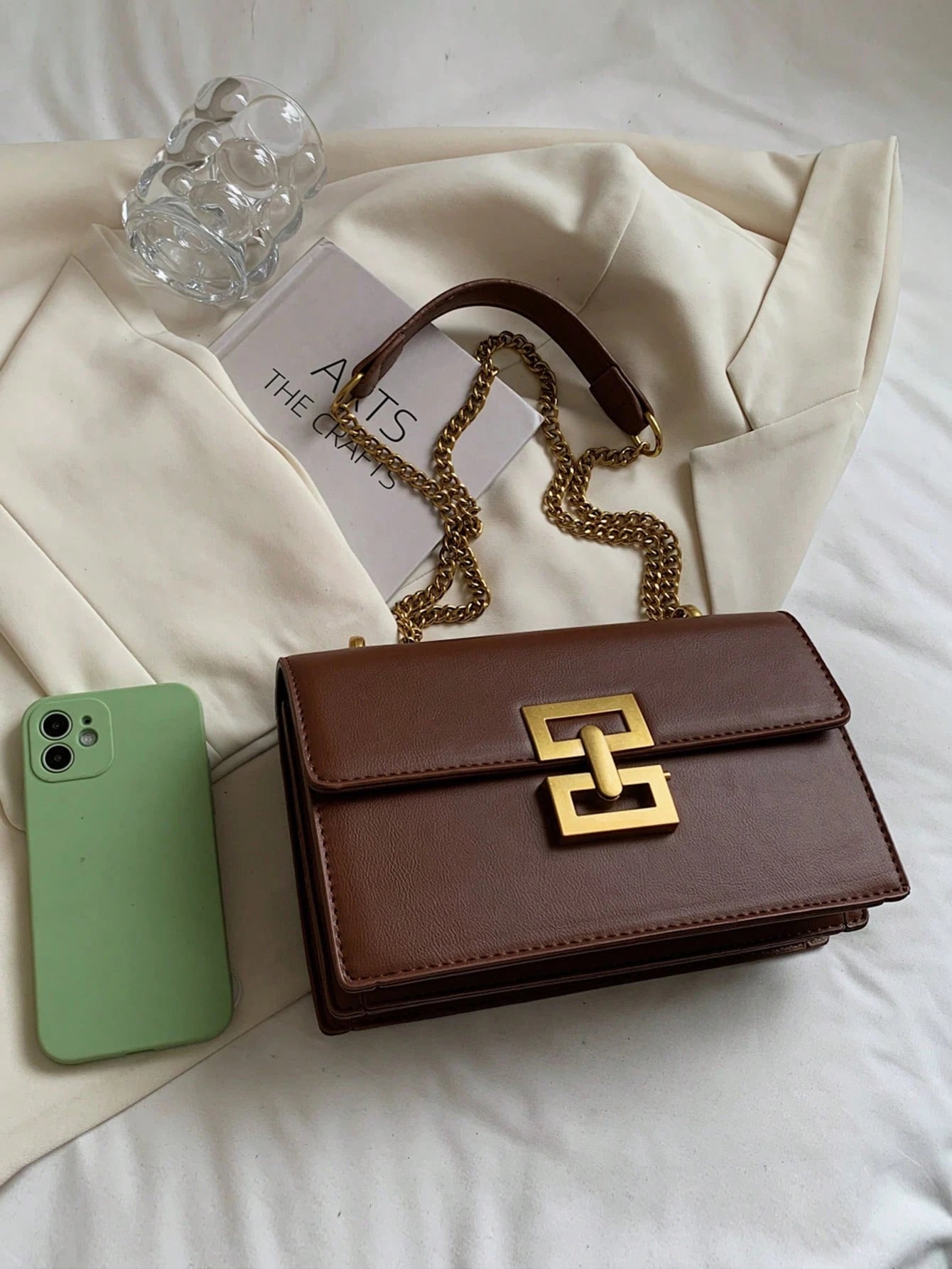 Minimalist Metal Decor Chain Shoulder Bag, Elegant PU Crossbody Bag, Flap Shoulder Bag, Women's Fashion Handbag & Phone Pouch