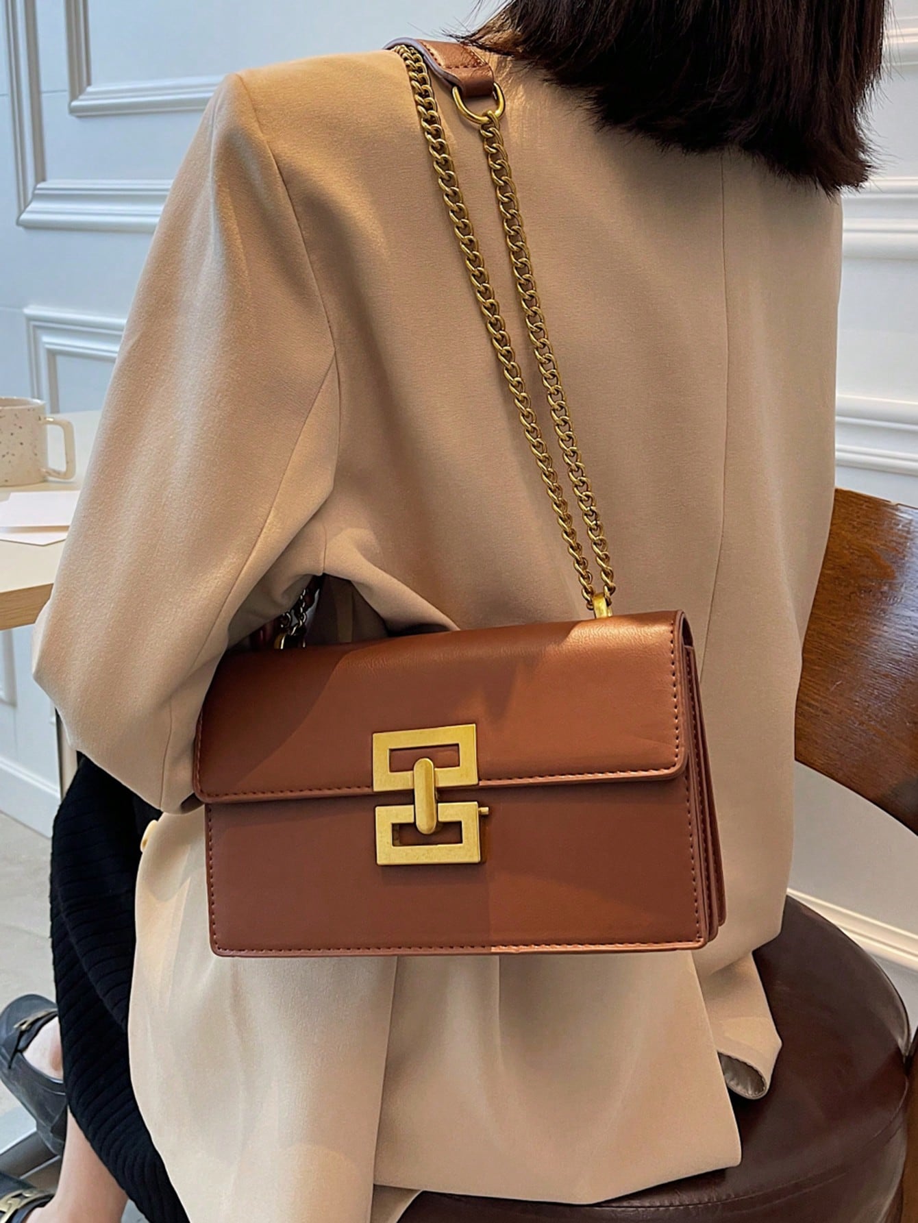 Minimalist Metal Decor Chain Shoulder Bag, Elegant PU Crossbody Bag, Flap Shoulder Bag, Women's Fashion Handbag & Phone Pouch
