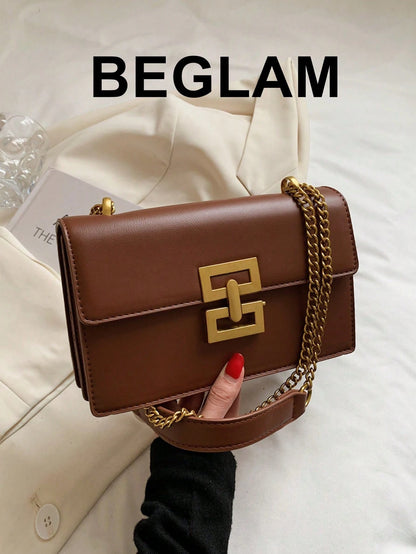 Minimalist Metal Decor Chain Shoulder Bag, Elegant PU Crossbody Bag, Flap Shoulder Bag, Women's Fashion Handbag & Phone Pouch