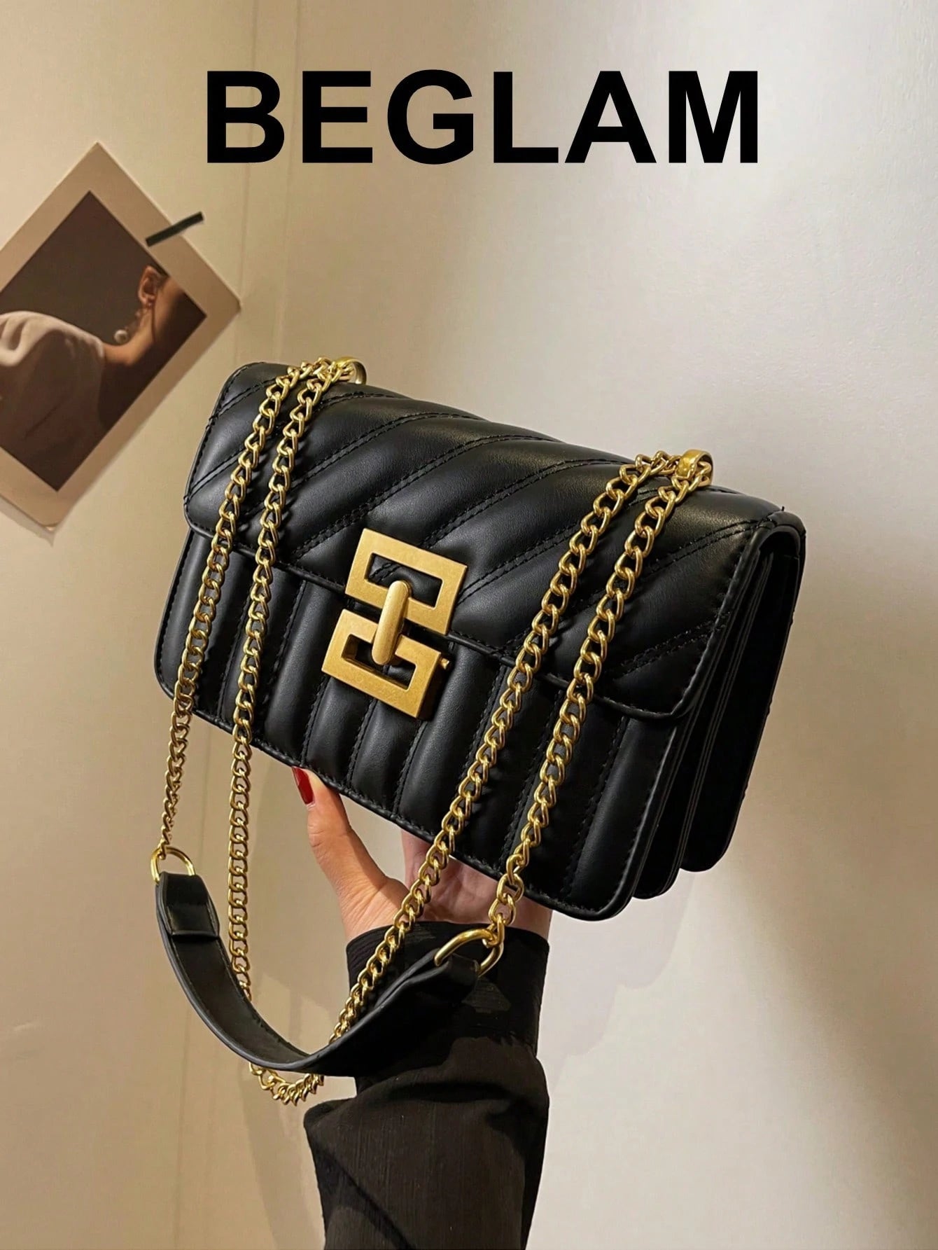 Minimalist Metal Decor Chain Shoulder Bag, Elegant PU Crossbody Bag, Flap Shoulder Bag, Women's Fashion Handbag & Phone Pouch