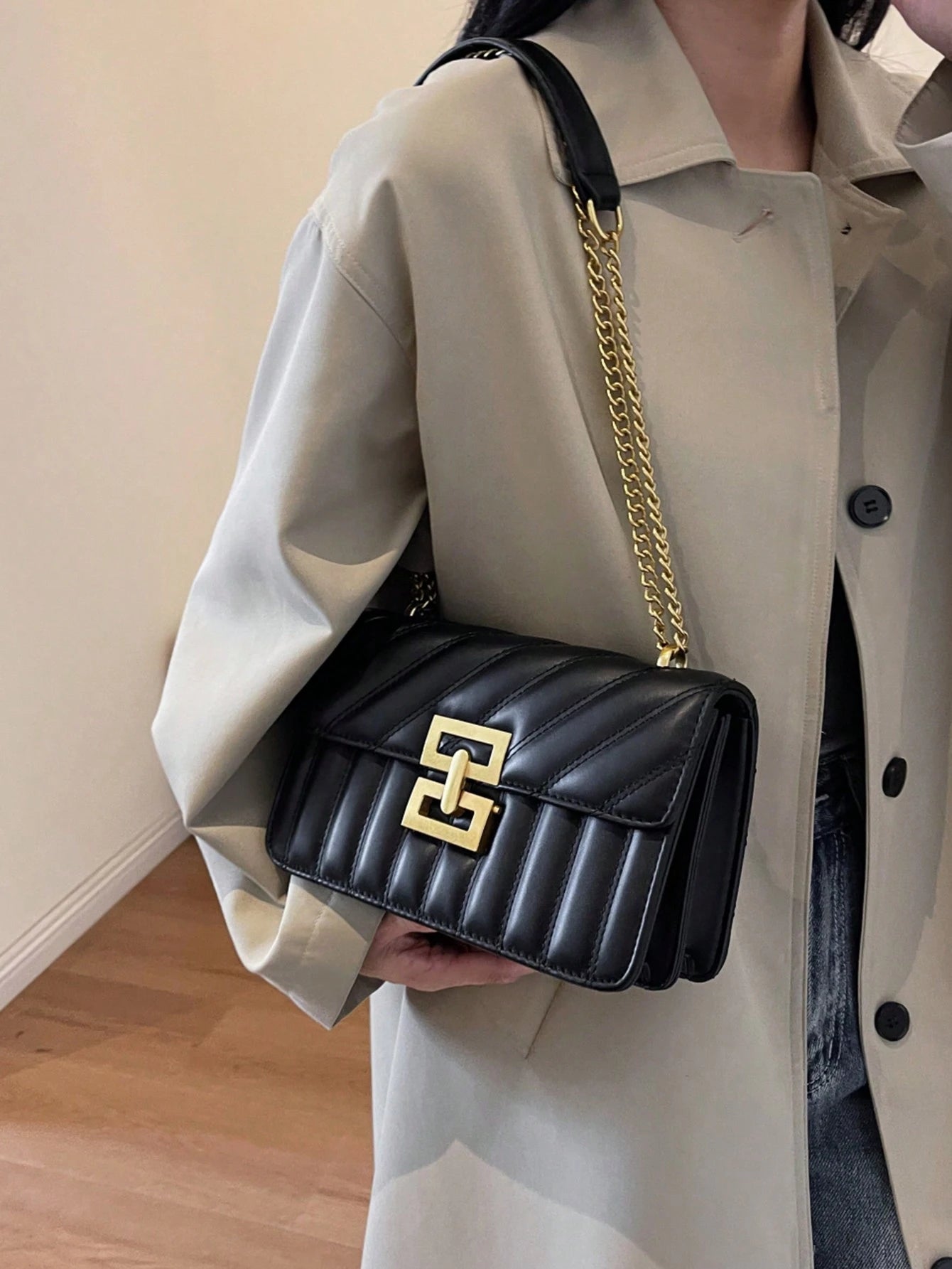 Minimalist Metal Decor Chain Shoulder Bag, Elegant PU Crossbody Bag, Flap Shoulder Bag, Women's Fashion Handbag & Phone Pouch