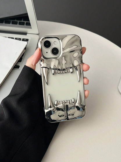 Minimalist Skull Element Silver Plated Fashion Phone Cases 1pc Punk Hollow Wrinkled Canine Tooth Pendant Asymmetrical Design Simple Yet Stylish Suitable For Both Men And Women Waterproof Shockproof An