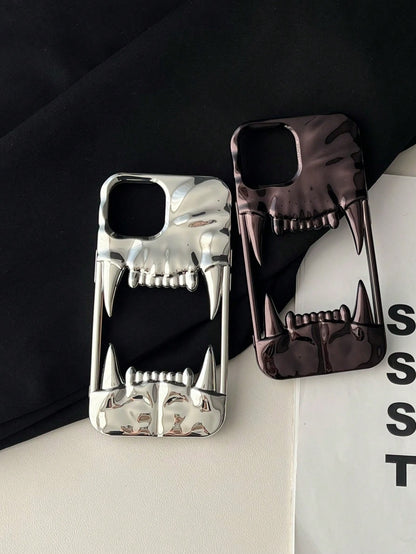 Minimalist Skull Element Silver Plated Fashion Phone Cases 1pc Punk Hollow Wrinkled Canine Tooth Pendant Asymmetrical Design Simple Yet Stylish Suitable For Both Men And Women Waterproof Shockproof An