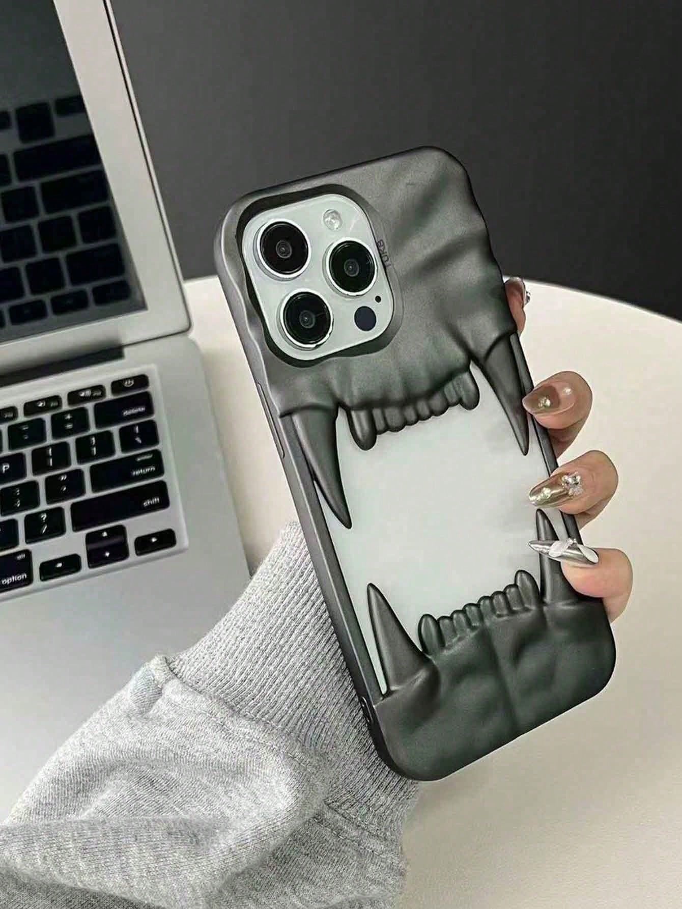 Minimalist Skull Element Silver Plated Fashion Phone Cases 1pc Punk Hollow Wrinkled Canine Tooth Pendant Asymmetrical Design Simple Yet Stylish Suitable For Both Men And Women Waterproof Shockproof An