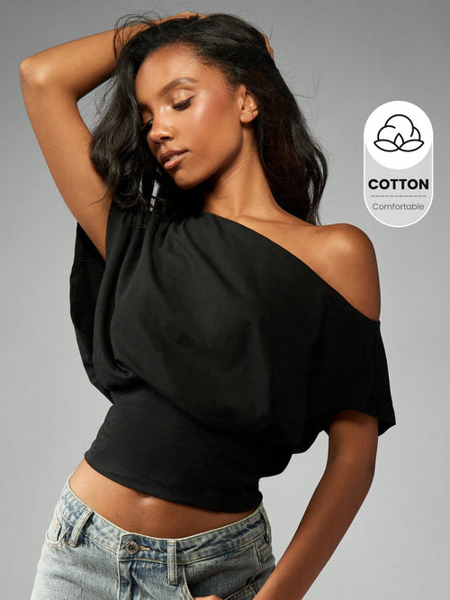 MISSGUIDED Off Shoulder Dolman Top Elastic Waist Modern Minimalist Knit Crop Blouse Summer Beach Boho Evening Party Casual Lounge Daily Wear