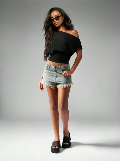 MISSGUIDED Off Shoulder Dolman Top Elastic Waist Modern Minimalist Knit Crop Blouse Summer Beach Boho Evening Party Casual Lounge Daily Wear