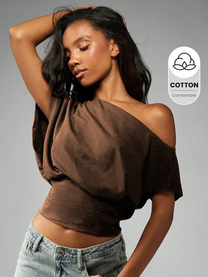 MISSGUIDED Off Shoulder Dolman Top Elastic Waist Modern Minimalist Knit Crop Blouse Summer Beach Boho Evening Party Casual Lounge Daily Wear