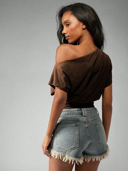 MISSGUIDED Off Shoulder Dolman Top Elastic Waist Modern Minimalist Knit Crop Blouse Summer Beach Boho Evening Party Casual Lounge Daily Wear