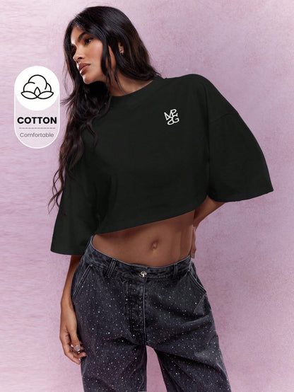 MISSGUIDED Oversized Crop Top Casual Drop Shoulder Three Quarter Sleeve Logo Embroidered Cotton Blend Athleisure Fall Fashion Boxy Fit Street Style Urban Wear