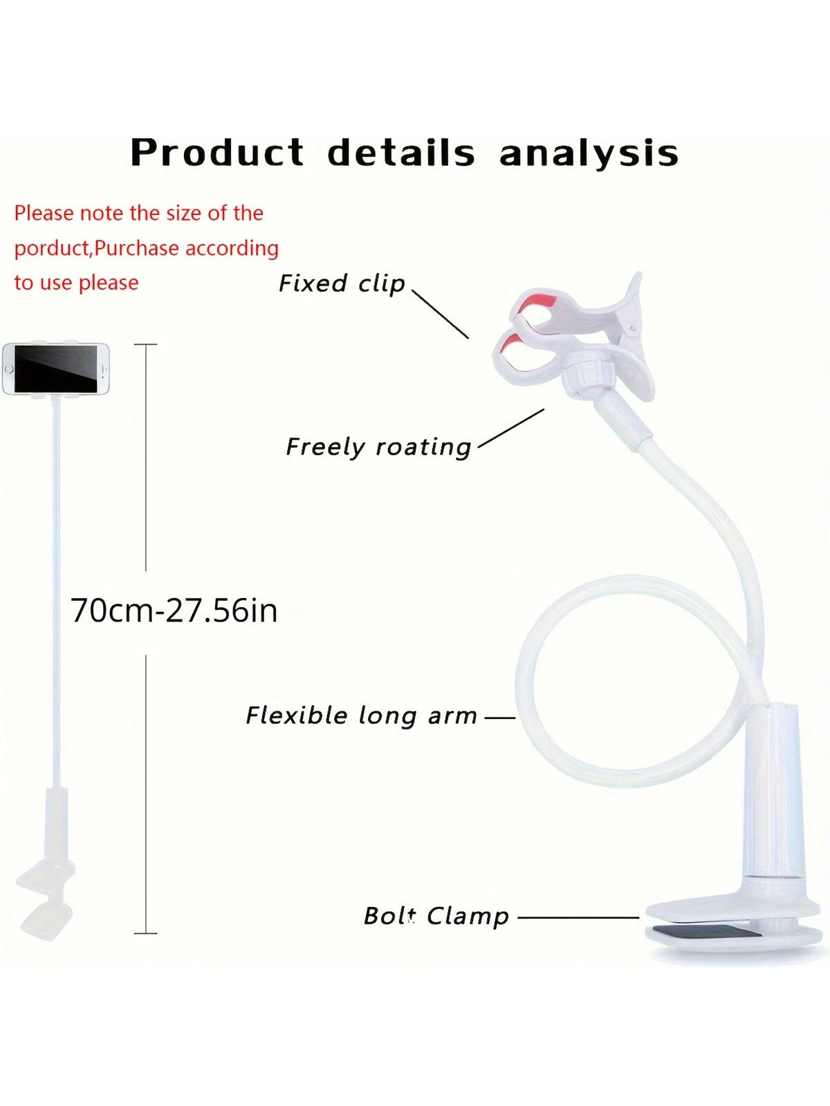 Mobile Phone Clamp Bracket Flexible Long Arm Gooseneck Slouchy Person Bracket With Handle, Bedside Tabletop Overhead Live Streaming Mobile Phone Tablet Bracket Compatible With IPhone, Android Phone, G