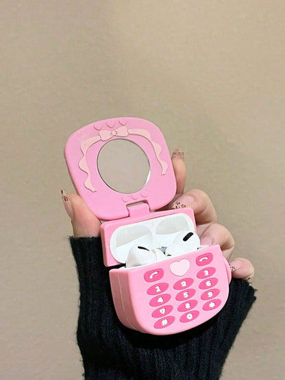 Mobile Phone Element Cute Pink Soft Silicone Vintage Flip-Phone Shaped Bluetooth Earphone Case With Mirror Compatible With AirPods 1/2/Pro/3/Pro (2nd Generation) Birthday Gift