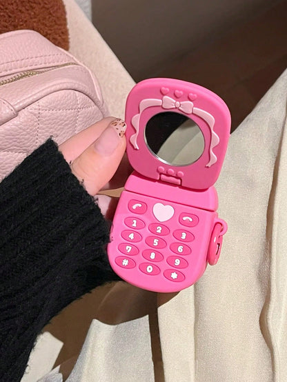 Mobile Phone Element Cute Pink Soft Silicone Vintage Flip-Phone Shaped Bluetooth Earphone Case With Mirror Compatible With AirPods 1/2/Pro/3/Pro (2nd Generation) Birthday Gift