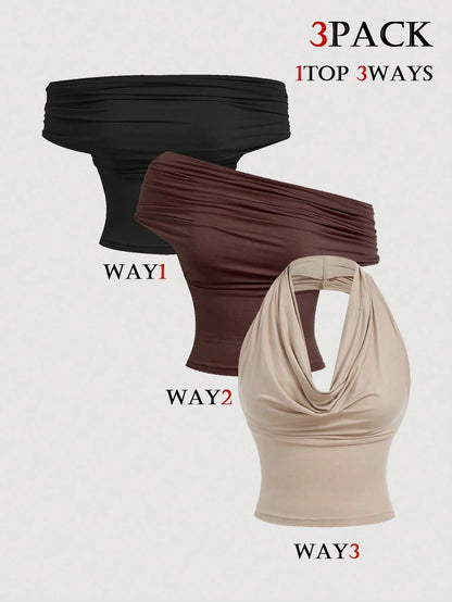 MOD 3-Way Wear Women's Casual Sexy Solid Color Slim Fit Top For Summer Night Club Beige Dark Brown Black