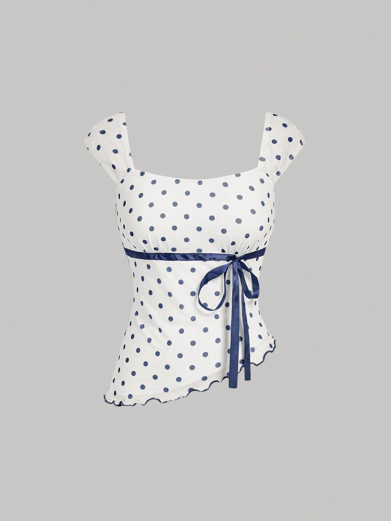 MOD Asymmetric Bow Ruched Mesh Polka Dot Top