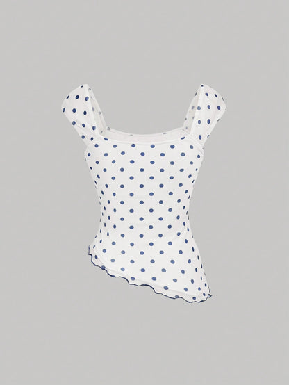 MOD Asymmetric Bow Ruched Mesh Polka Dot Top