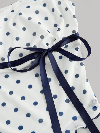 MOD Asymmetric Bow Ruched Mesh Polka Dot Top