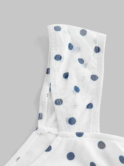 MOD Asymmetric Bow Ruched Mesh Polka Dot Top