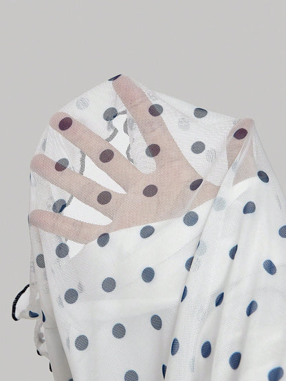 MOD Asymmetric Bow Ruched Mesh Polka Dot Top