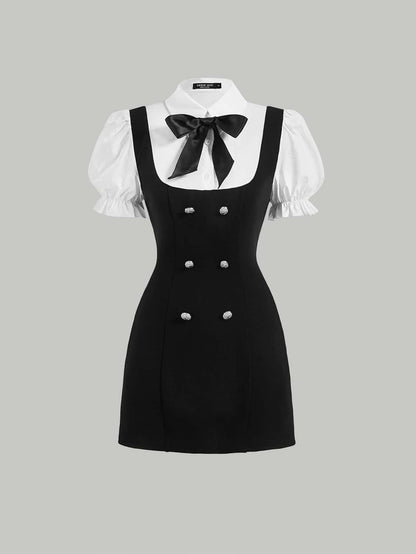 MOD Double Breasted Bow Front 2 In 1 Overall Dress