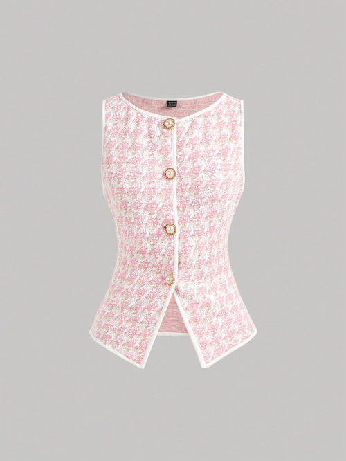 MOD Women's Elegant Pink Knitted Houndstooth Tank Top With Contrast Binding And Pearl Buttons