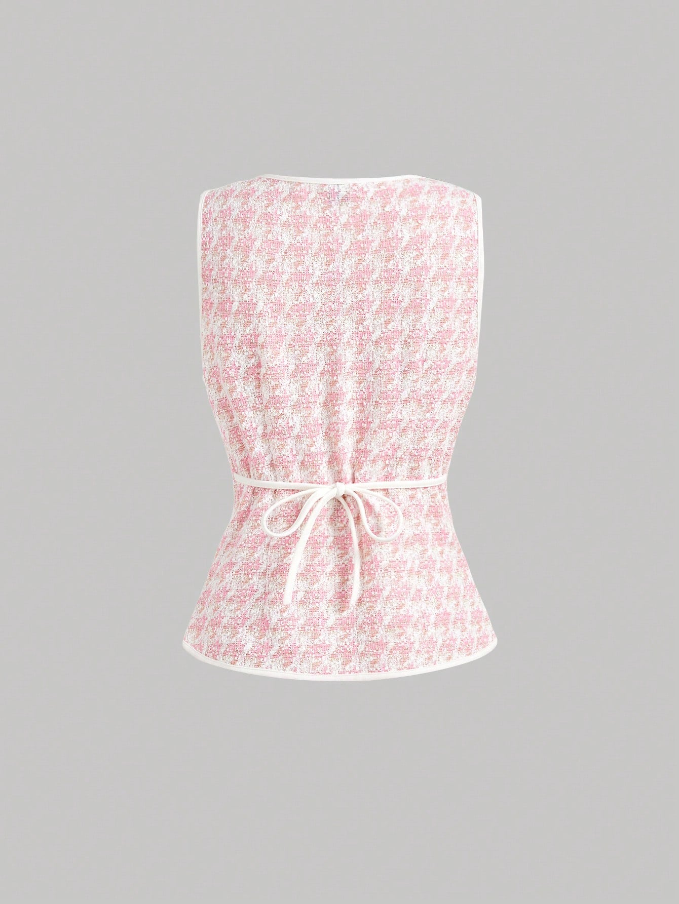 MOD Women's Elegant Pink Knitted Houndstooth Tank Top With Contrast Binding And Pearl Buttons