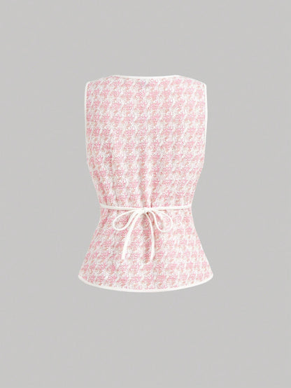 MOD Women's Elegant Pink Knitted Houndstooth Tank Top With Contrast Binding And Pearl Buttons