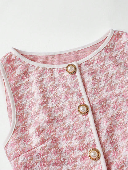 MOD Women's Elegant Pink Knitted Houndstooth Tank Top With Contrast Binding And Pearl Buttons