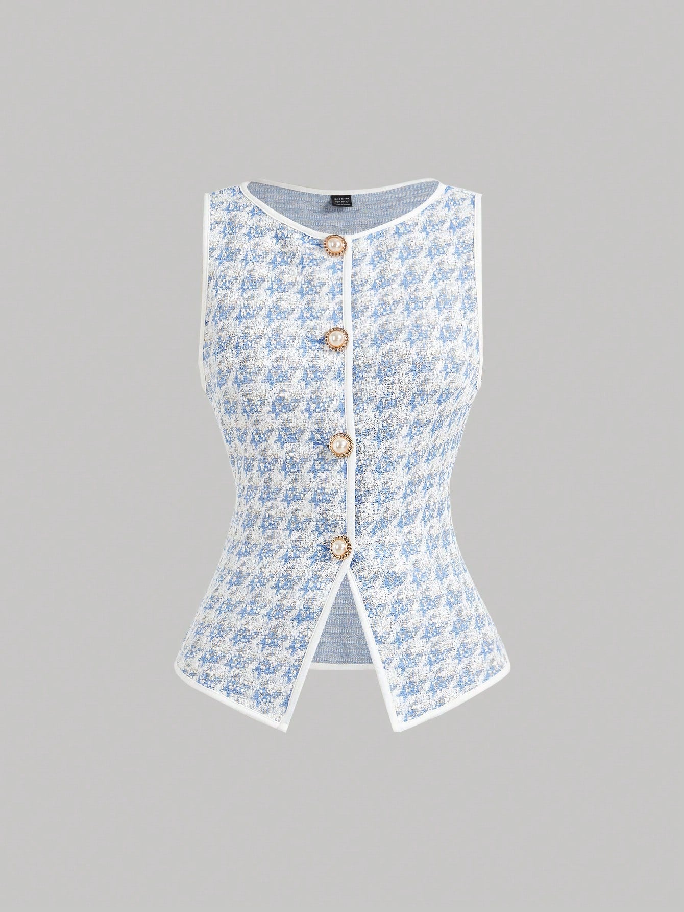 MOD Women's Elegant Pink Knitted Houndstooth Tank Top With Contrast Binding And Pearl Buttons