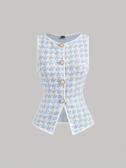 MOD Women's Elegant Pink Knitted Houndstooth Tank Top With Contrast Binding And Pearl Buttons