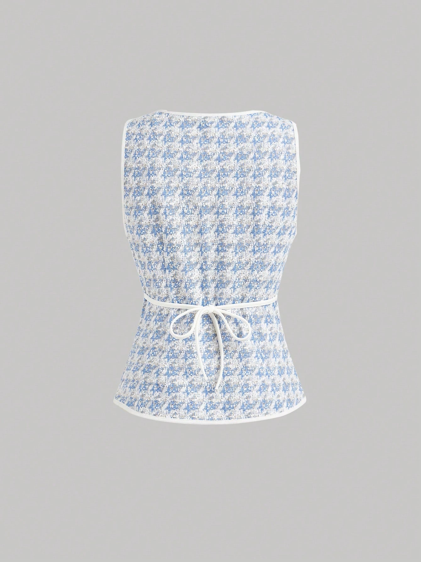 MOD Women's Elegant Pink Knitted Houndstooth Tank Top With Contrast Binding And Pearl Buttons