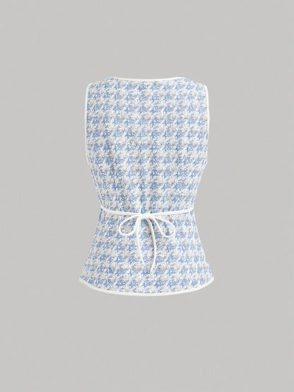 MOD Women's Elegant Pink Knitted Houndstooth Tank Top With Contrast Binding And Pearl Buttons