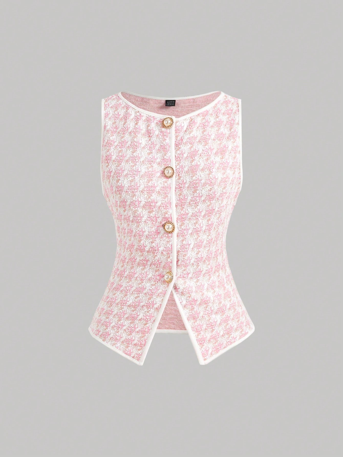 MOD Women's Elegant Pink Knitted Houndstooth Tank Top With Contrast Binding And Pearl Buttons