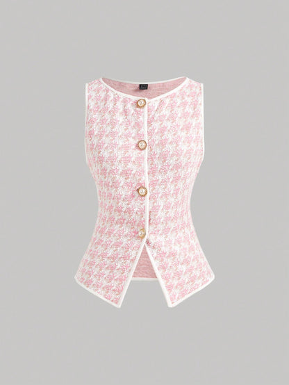 MOD Women's Elegant Pink Knitted Houndstooth Tank Top With Contrast Binding And Pearl Buttons